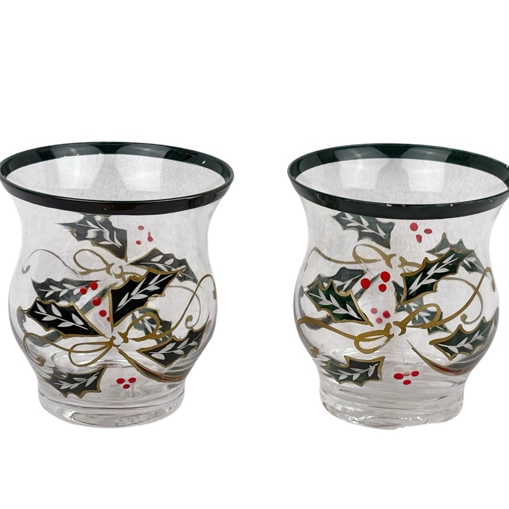 Festive Glass Candle Holders with Holly Design